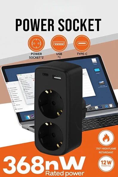Çoklu Priz Yüksek Gerilim Korumalı 2 li Priz 1xusb 1xtype-c Çıkışlı Grup Priz Çoğaltıcı - Resim 2