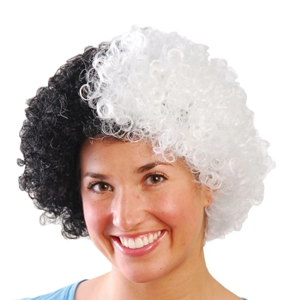 MDB Siyah Beyaz Kıvırcık Afro Bonus Taraftar Peruğu - Resim 4