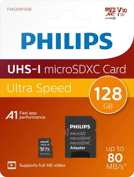 PHILIPS 128Gb UHS-I Micro SDXC Card Mikro Hafıza Kartı Ultra Speed Up to 80 Mb/S R A1 Class 10 Card+Adapter