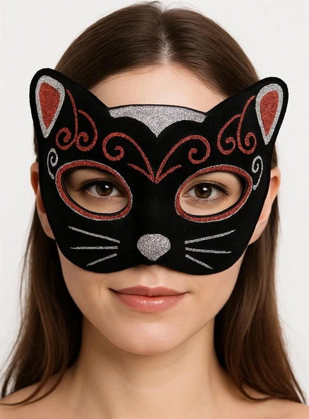 MDB Kadife Dokulu Simli Kedi Maskesi Kırmızı Gümüş Detaylı ürün görseli 1