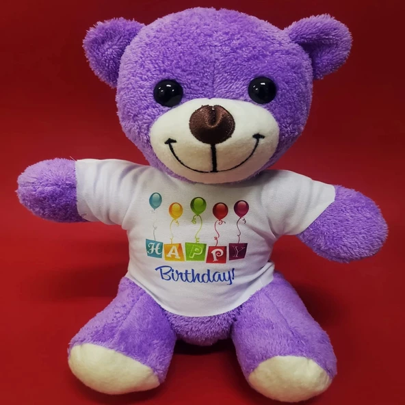 MDB Happy Birthday Tişörtlü Peluş Mor Ayıcık - Resim 2