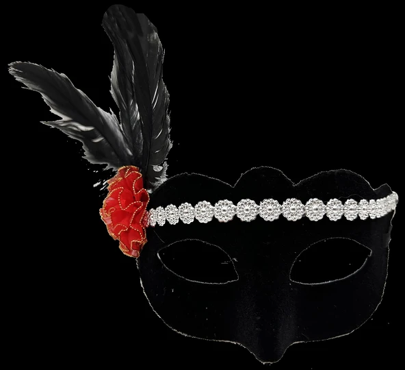 MDB Gümüş Dantelli Kırmızı Gül Tasarımlı Parti Maskesi ürün görseli 1