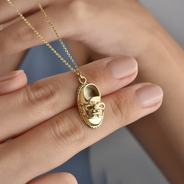 14 Ayar Mikron Altın Kaplama Taşlı Bebek&Çocuk Ayakkabısı Tasarım Gümüş Kolye - CNS00669 ürün görseli 1