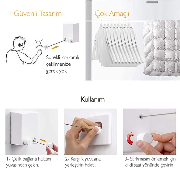 Ayarlanabilir Paslanmaz Çelik Halatlı Geri Çekilebilir Askılık, depolama ağırlığı 20 kg, 4 m geri çekilebilir çamaşır ipi, - Resim 4