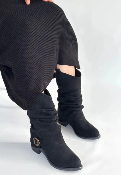 Canty Siyah Süet Körüklü Topuklu Çizme - Resim 3