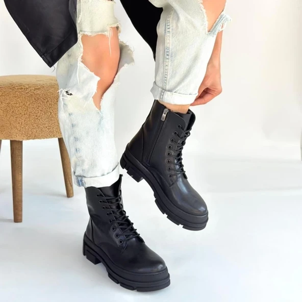 Allex Siyah Cilt Bağcıklı Bot - Resim 5