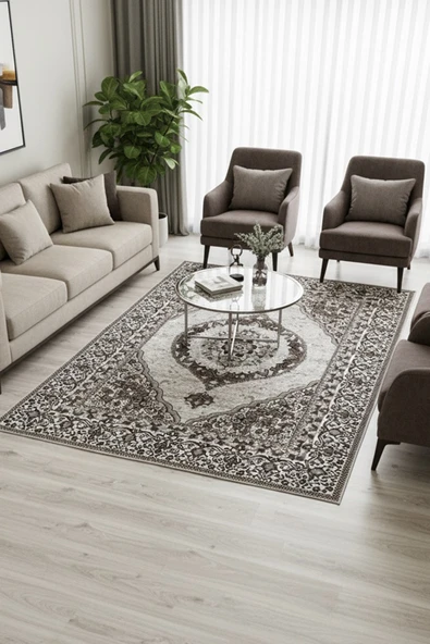 Kilim Savan Çift Taraflı Modern Desenli Yıkanabilir Pamuklu Dokuma 1. Kalite 2x3 Metre Kahve-Siyah