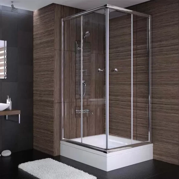 Sırduş 90x90x190 Kare Parlak Profil Şeffaf Cam Duş Kabini & 90x90x16 Panelli Duş Teknesi Set