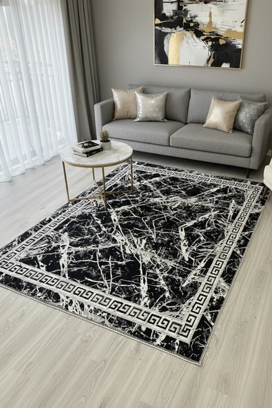 Kilim Savan Çift Taraflı Modern Desenli Yıkanabilir Pamuklu Dokuma 1. Kalite 2x3 Metre Siyah