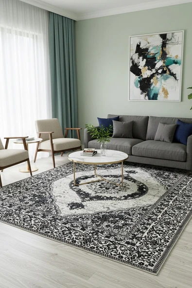 Kilim Savan Çift Taraflı Modern Desenli Yıkanabilir Pamuklu Dokuma 1. Kalite 2x3 Metre Gri-Siyah