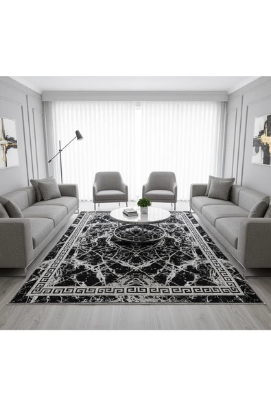 Kilim Savan Çift Taraflı Modern Desenli Yıkanabilir Pamuklu Dokuma 1. Kalite  2x3 Metre Siyah - 2