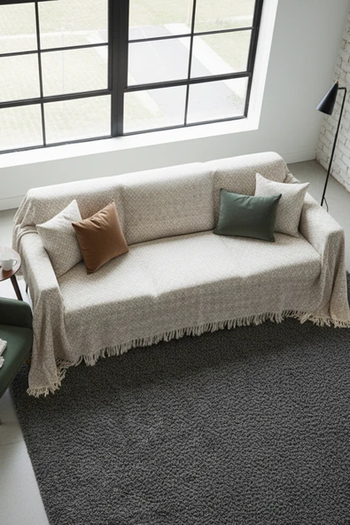 Koltuk Örtüsü Kareli Desenli 170x220 Ebatta Bej - 2