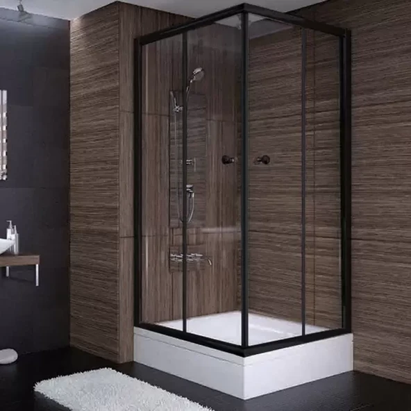Sırduş 90x90x190 Kare Siyah Profil Şeffaf Cam Duş Kabini & 90x90x16 Panelli Duş Teknesi Set ürün görseli
