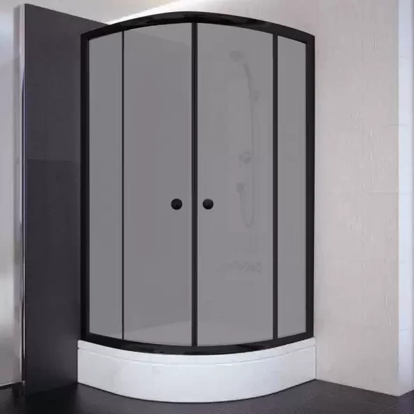 Sırduş 90x90x180 Oval Siyah Profil 06 Kumlu Cam Duş Kabini & 90x90x16 Panelli Duş Teknesi Set ürün görseli