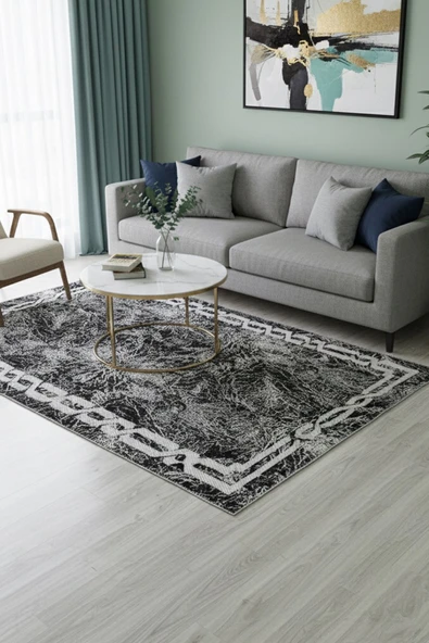 Kilim Savan Çift Taraflı Modern Desenli Yıkanabilir 1. Kalite 2x3 Metre Siyah-Beyaz