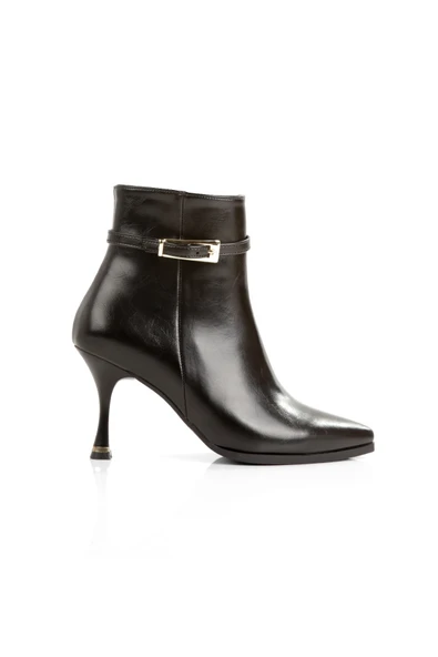 Siyah İnce Topuklu Altın Rengi Toka Detaylı Kadın Bilekte Bot OneMoreSu - Resim 5