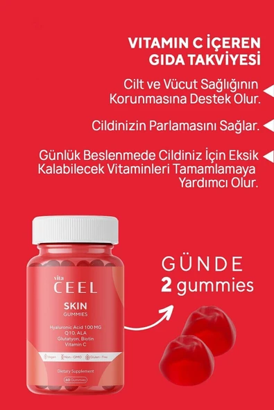 VitaCeel Cilt Aydınlatıcı, Nemlendirici Leke Karşıtı Vegan Gummy Vitamin C, Hyaluronic Acid, Glutatyon, Q10