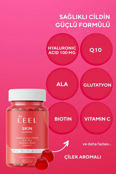 VitaCeel Cilt Aydınlatıcı, Nemlendirici Leke Karşıtı Vegan Gummy Vitamin C, Hyaluronic Acid, Glutatyon, Q10 - 8