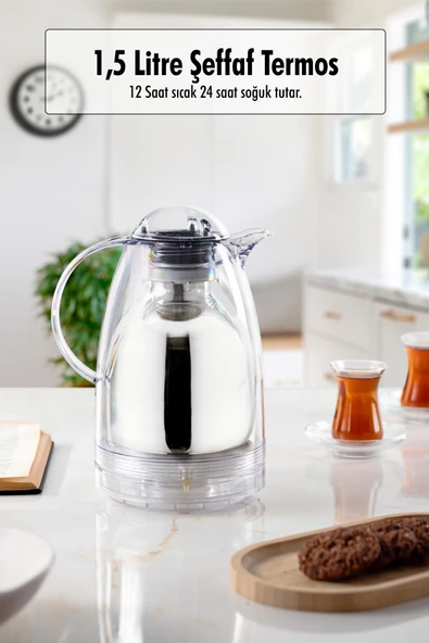 1.5 LT Isı Yalıtımlı Çay Ve Soğuk Su Termosu Şeffaf (12 Saat Sıcak Tutar& İçi Camdır) ürün görseli 1