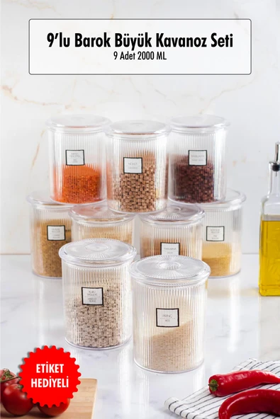 9'lu Barok Yuvarlak Büyük Kavanoz Seti & Saklama Kabı & Erzak Kabı (9*2000 ML) ürün görseli