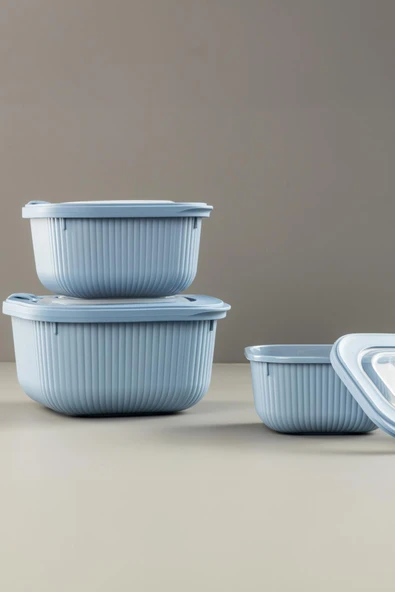 Kare 3 Parça Vakumlu Sızdırmaz Hava Almaz Saklama Kabı Seti Mavi (1800/1100/600 Ml) - Resim 3