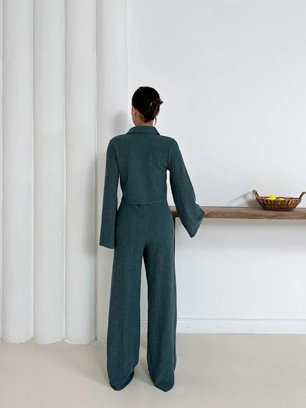 Gömlek yaka kaplama düğmeli takım petrol yeşili st265866 - Resim 3