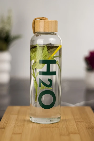 H2o Borosilikat Cam Matara Bambu Vakum Kapaklı Su Şişesi Suluk (Kumaş Kılıf Hediyeli) 600 ML - Resim 2