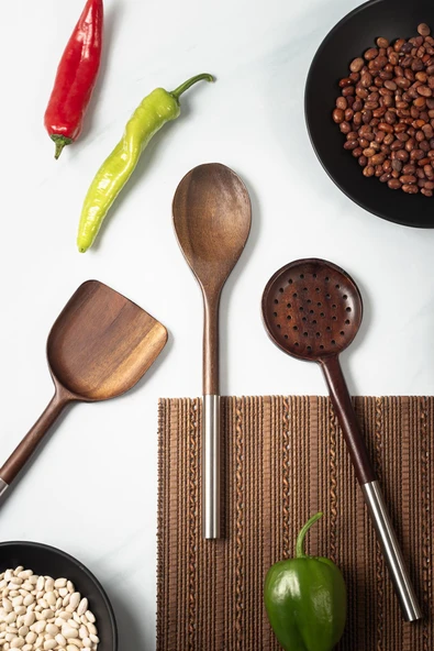 Akasya 3 lü Servis Kaşığı & Servis Kevgiri & Servis Spatulası & Salata Servis Seti - Resim 2