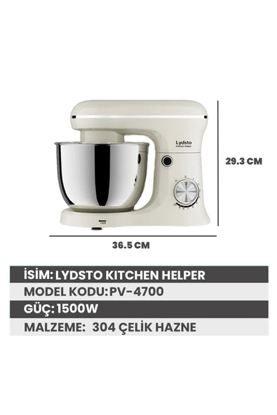 Lydsto Kitchen Helper Pv-4700 1500w-5.2 Litre -10 Kademe Hız Ayarı Stand Mikser Hamur Yoğurma Makinesi Krem - Resim 6