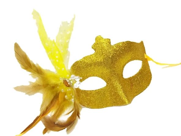 Sim İşlemeli İnci Boncuk Detaylı Tüylü Balo Maskesi Altın Renk 13x18 cm ürün görseli 1