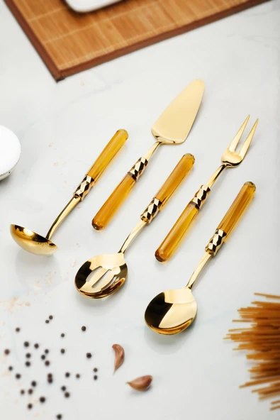 5 Parça Gold Servis Seti & Servis Sunum Seti Amber ( Kepçe / Kevgir / Sıpatula / Çatal / Kaşık ) - Resim 2
