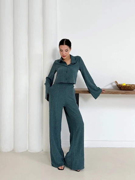 Gömlek yaka kaplama düğmeli takım petrol yeşili st265866 ürün görseli 1