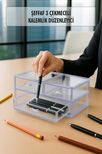 Şeffaf 3 Çekmeceli Kalemlik Düzenleyici Organizer 14×24×10 cm ürün görseli
