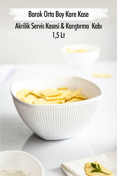 Akrilik Barok Beyaz Orta Boy Kare Meyve & Salata Kasesi & Karıştırma Kabı / 1,5 Lt  (CAM DEĞİLDİR) ürün görseli 1