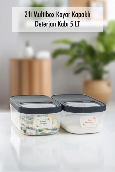 2'Li 5 LT Multibox Kayar Kapaklı Saklama Kabı & Erzak Kabı & Toz Ve Tablet Deterjan Kutusu ( ETİKET HEDİYELİ ) ürün görseli