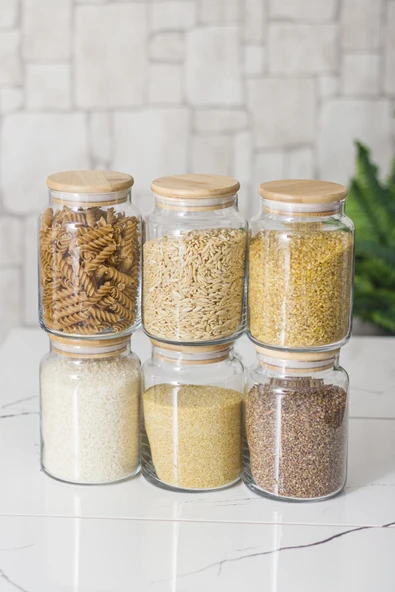 6 Lı Set Bambu Kapaklı Cam Kavanoz & Erzak Saklama Kabı 800 ml Orta  Boy ( Vakum Kapak ) ürün görseli