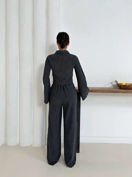 Gömlek yaka kaplama düğmeli takım antrasit st265866 - 3