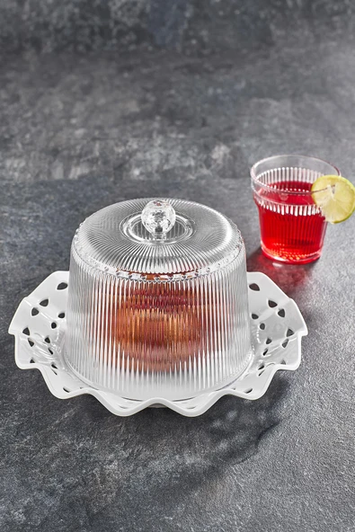 Akrilik Barok Beyaz Renk Kek Fanus & Kek Saklama Kabı & Şık Sunum Organizeri 26 Cm ürün görseli