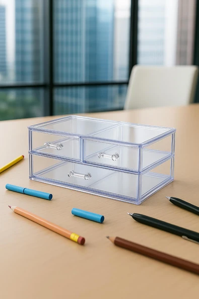 Şeffaf 3 Çekmeceli Kalemlik Düzenleyici Organizer 14×24×10 cm - Resim 3