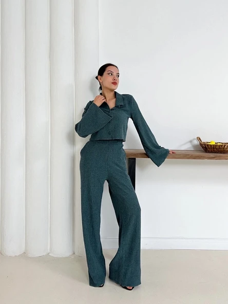 Gömlek yaka kaplama düğmeli takım petrol yeşili st265866 - Resim 2