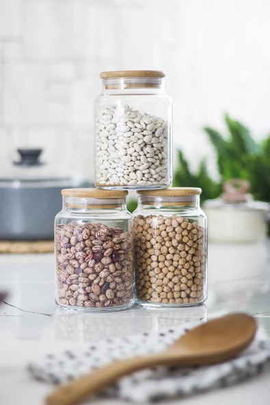 3 Lü Set Bambu Kapaklı Cam Kavanoz & Erzak Saklama Kabı 800 ml Orta  Boy ( Vakum Kapak ) - Resim 3