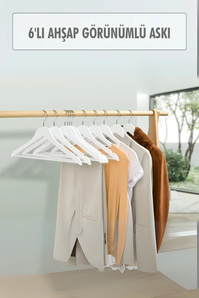 6 lı Ahşap Görünümlü Askı Beyaz 44 cm ürün görseli 1