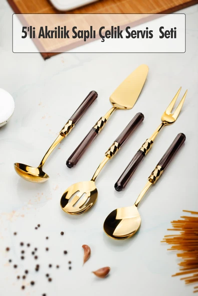 5 Parça Gold Servis Seti & Servis Sunum Seti Füme ( Kepçe / Kevgir / Sıpatula / Çatal / Kaşık ) ürün görseli 1