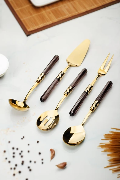 5 Parça Gold Servis Seti & Servis Sunum Seti Füme ( Kepçe / Kevgir / Sıpatula / Çatal / Kaşık ) - Resim 2