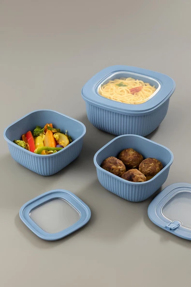 Kare 3 Parça Vakumlu Sızdırmaz Hava Almaz Saklama Kabı Seti Mavi (1800/1100/600 Ml) - Resim 2