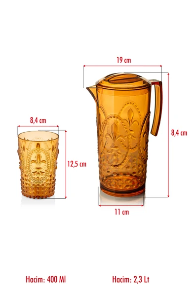 Akrilik Bal Sürahi 2,3 lt Ve 6'lı Su Meşrubat Kahve Yanı Bardağı 400 ml Seti ( Cam Değildir ) - Resim 5