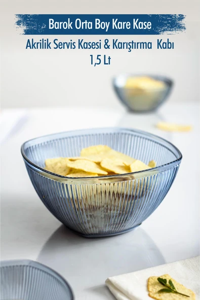 Akrilik Barok Lacivert Orta Boy Kare Meyve & Salata Kasesi & Karıştırma Kabı / 1,5 Lt  (CAM DEĞİLDİR) - 2