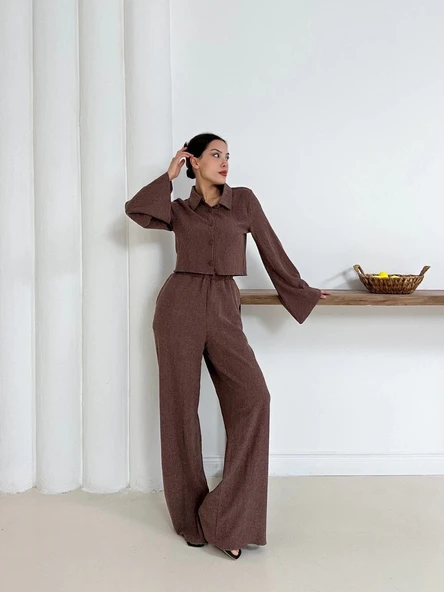 Gömlek yaka kaplama düğmeli takım kahve st265866 - 2