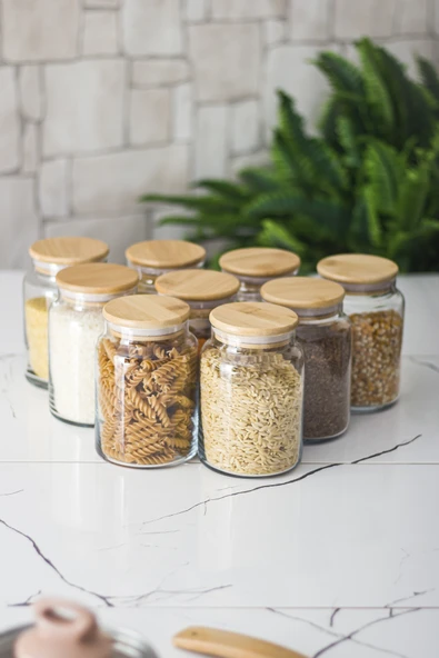 9 Lu Set Bambu Kapaklı Cam Kavanoz & Erzak Saklama Kabı 800 ml Orta  Boy ( Vakum Kapak ) - Resim 5