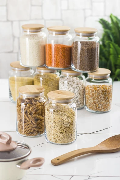 9 Lu Set Bambu Kapaklı Cam Kavanoz & Erzak Saklama Kabı 800 ml Orta  Boy ( Vakum Kapak ) - Resim 4